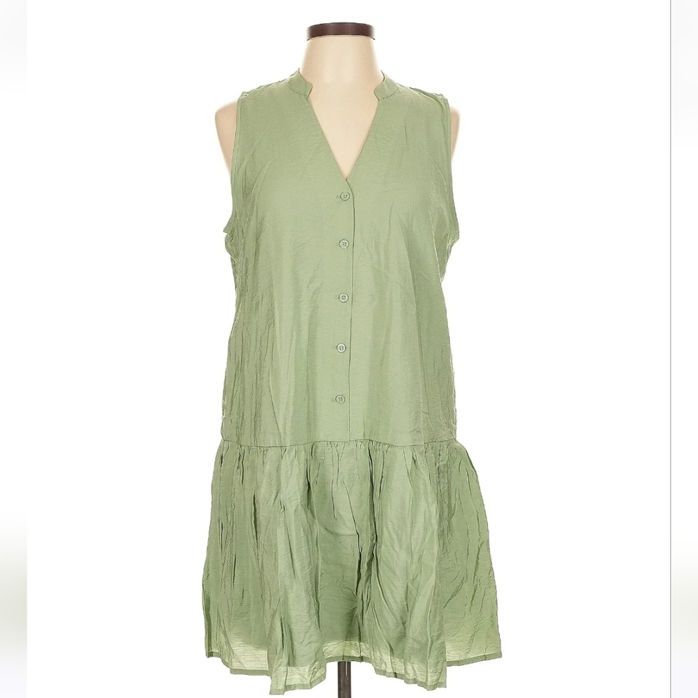 Nine West Button Front Lined Ruffle Hem Dress, Green, Size L
